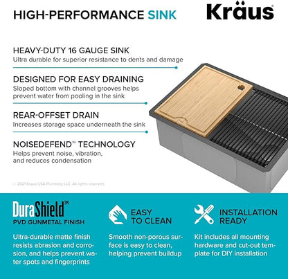 KRAUS Kore Workstation 27-inch Undermount 16 Gauge Black Stainless Kitchen Sink, Single Bowl Kitchen Sink in PVD Gunmetal Finish with Accessories, KWU110-27-PGM