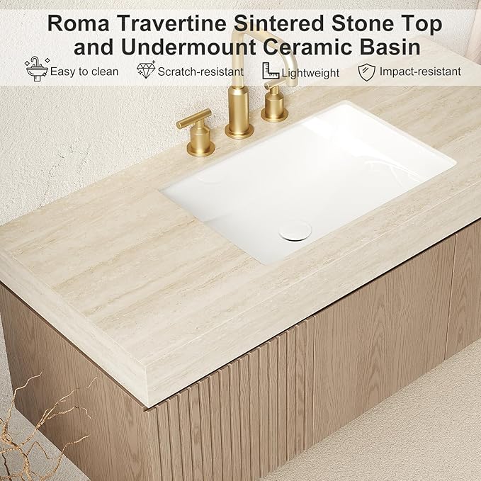 Ambrovina 30" Floating Bathroom Vanity with Sink, Modern Storage Vanities with Drawer and Door, Roma Travertine Top and 3 Pre-drilled Faucet Holes Ceramic Basin, Pre-Assembled Cabinet, Light Brown