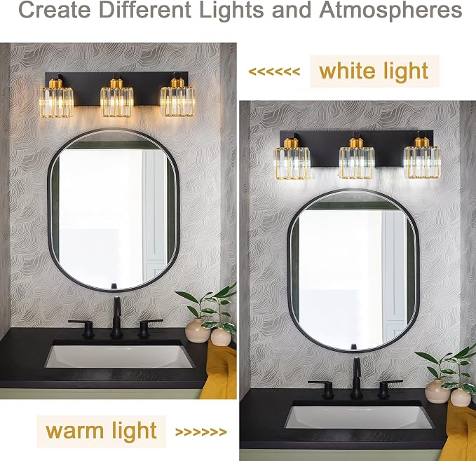 Black Gold Crystal Bathroom Vanity Light 3-Lights Modern Bathroom Lighting Fixtures Over Mirror, Wall Light Fixtures