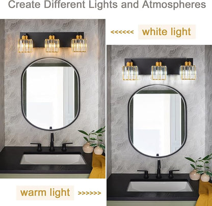 Black Gold Crystal Bathroom Vanity Light 3-Lights Modern Bathroom Lighting Fixtures Over Mirror, Wall Light Fixtures