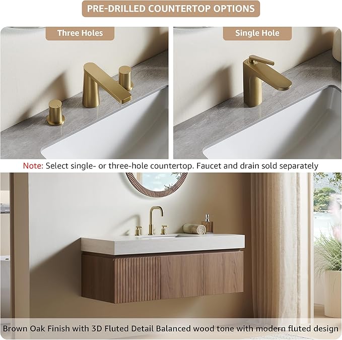 48” Floating Bathroom Vanity with Sink, Wall-Mounted Cabinet with Drawer & Doors, Roma Travertine-Pattern Countertop, Undermount Basin, 3 Faucet Hole, Soft-Close, Pre-Assembled, Brown Oak