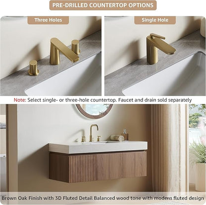 48” Floating Bathroom Vanity with Sink, Wall-Mounted Cabinet with Drawer & Doors, Roma Travertine-Pattern Countertop, Undermount Basin, 3 Faucet Hole, Soft-Close, Pre-Assembled, Brown Oak