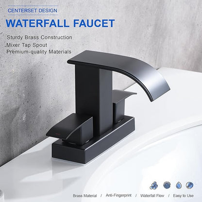 Black Waterfall Bathroom Sink Faucet with Pop up Sink Drain Stopper Overflow for Faucet Vessel, 4 Inch 2 Handles 2 or 3 Holes Centerset Faucet for Lavatory Bathroom Sink with Supply Lines