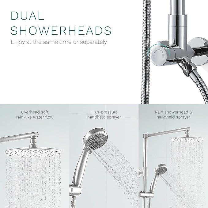 Fennocasa Polaris 3 Rain Shower System, 8” Rainfall Shower Head and Handheld Shower Combo, includes 3-Setting Handheld Spray, Height Adjustable Shower Wand Holder, 60” Hose (1.8 GPM Chrome)