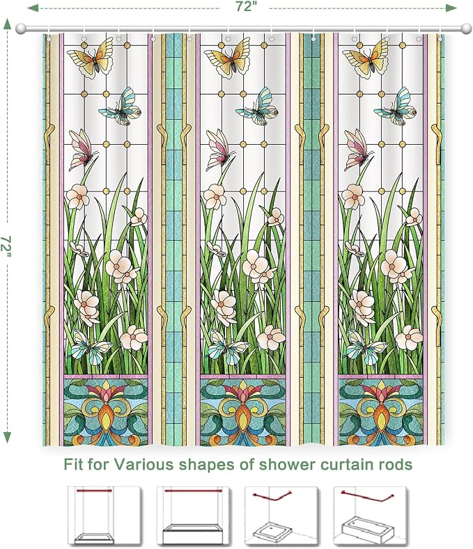 Flower Butterfly Shower Curtain, Glaze Glass Chinese Screen Window Shower Curtain Green Floral Shower Curtain Sets Waterproof Polyester Fabric Machine Washable Home Farmhouse Decor Bath Curtains