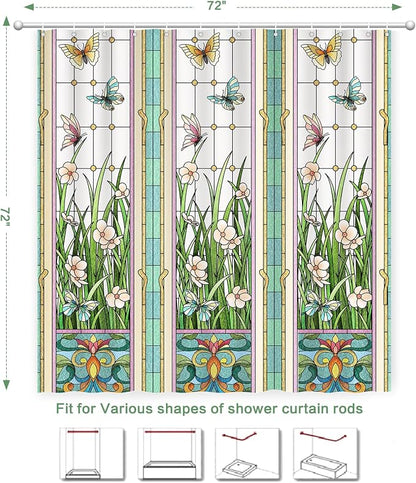 Flower Butterfly Shower Curtain, Glaze Glass Chinese Screen Window Shower Curtain Green Floral Shower Curtain Sets Waterproof Polyester Fabric Machine Washable Home Farmhouse Decor Bath Curtains