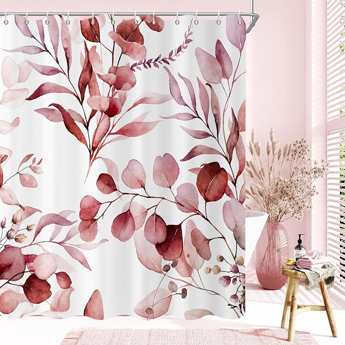 Burgundy Red Shower Curtain, Watercolor Eucalyptus Leaves Botanical Plants with Floral Bathroom Curtain Home Bathtub Decor Waterproof Fabric Machine Washable with 8 PCS Hooks,48" Wx72 L
