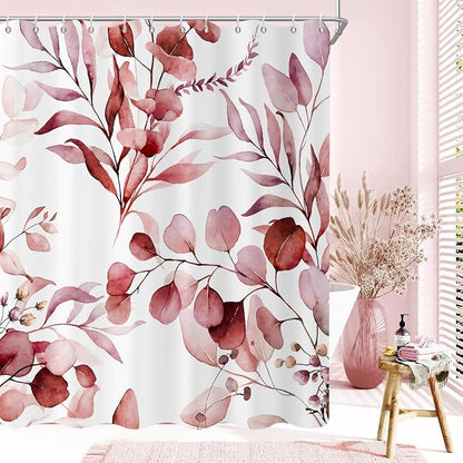Burgundy Red Shower Curtain, Watercolor Eucalyptus Leaves Botanical Plants with Floral Bathroom Curtain Home Bathtub Decor Waterproof Fabric Machine Washable with 8 PCS Hooks,48" Wx72 L