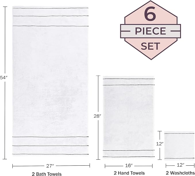 Lavish Home Bathroom Towels Set, Bathroom Accessories, White, Set of 6 | Includes 2 Bath Sheets, 2 Hand Towels, and 2 Wash Cloths, Soft 525 GSM 100% Cotton Set for Shower, Gym, Dorm, and Spa