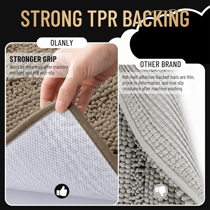 OLANLY Thick Small Bathroom Rugs 24x16, Soft Chenille Bath Rugs, Tan | Rubber Backing, Machine Wash, Extra Absorbent Striped Bath Mats for Bathroom Floor, Tub and Shower, Home Decor Accessories