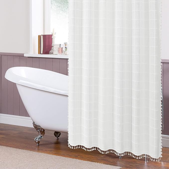 Small Stall Boho Farmhouse Shower Curtain for Bathroom 36x72 | Narrow Half French Country Plaid Tassel Shower Curtain, Rustic Aesthetic Bathroom Decor Windows Curtain, White