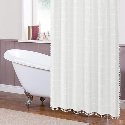 Small Stall Boho Farmhouse Shower Curtain for Bathroom 36x72 | Narrow Half French Country Plaid Tassel Shower Curtain, Rustic Aesthetic Bathroom Decor Windows Curtain, White