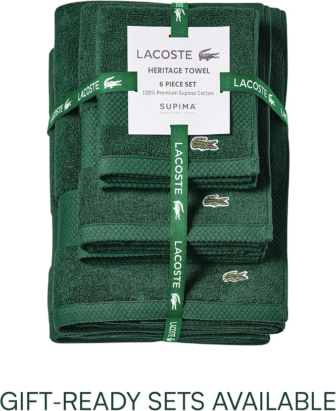 Lacoste Heritage 100% Supima Cotton Hand Towel, Croc Green, 16" x 30" – Highly Absorbent & Quick Drying, Premium Super Soft Bath Towel, Bathroom Essential, Gift for All Occasions, Machine Washable