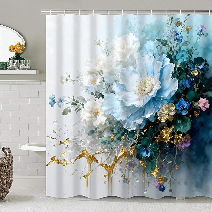 AZHM Watercolor Floral Shower Curtain Set 4PCS Blue and White Delicate Floral Farmhouse Bathroom Accessories Set, Includes Rugs and 12 Hooks