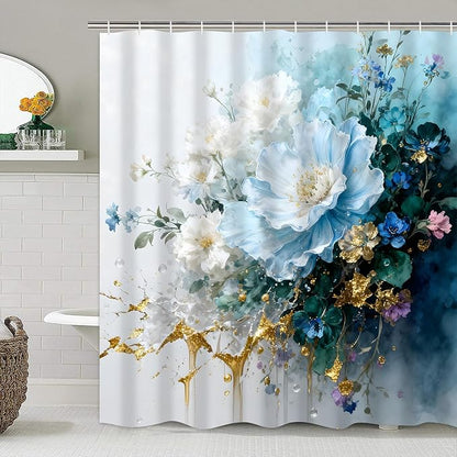 AZHM Watercolor Floral Shower Curtain Set 4PCS Blue and White Delicate Floral Farmhouse Bathroom Accessories Set, Includes Rugs and 12 Hooks