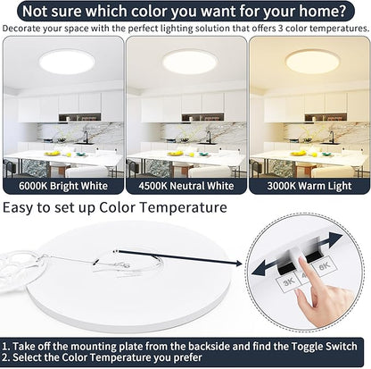 12 Inch Flush Mount Ceiling Light, 24W Dimmable LED Fixture 2400LM, 3000K/4500K/6000K Adjustable, Ultra Thin Round Ceiling Lamp for Bedroom, Kitchen, Living Room, Dining Room, Bathroom, White