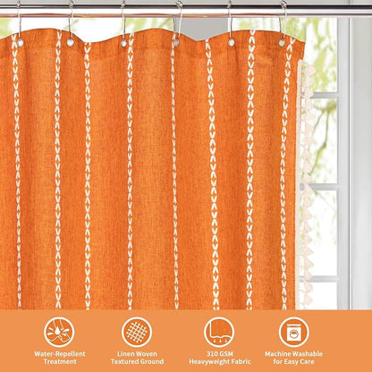 Boho Tassel Linen Shower Curtain,3D Embroidery Stripe Burnt Orange,72x84 | Extra Long Xl,310GSM Heavy Duty Cloth,Water Repellent,Wrinkle Resistant,Vintage Rustic Farmhouse Country,12 Plastic Hooks