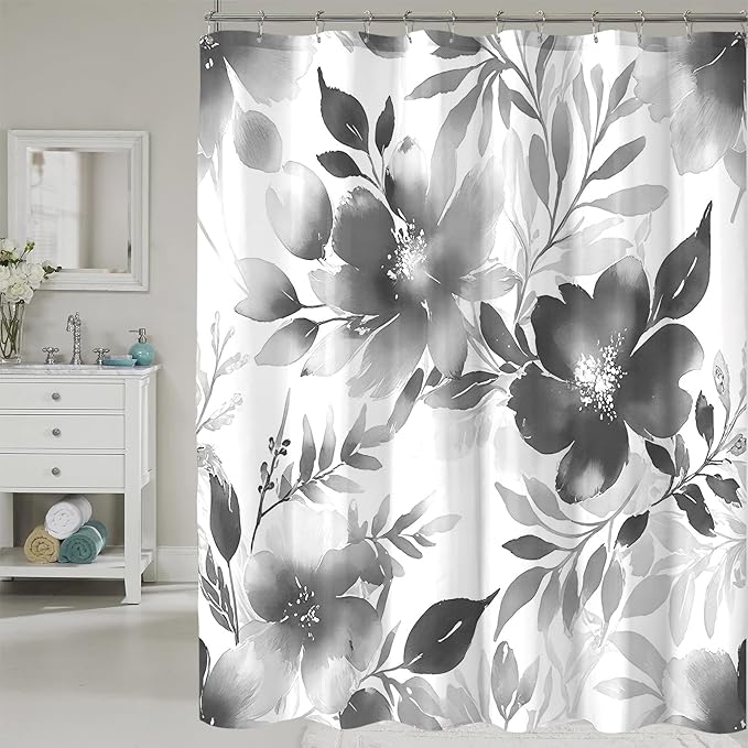 Floral Shower Curtain, Grey Watercolor Flower Shower Curtains for Bathroom, Modern Minimalist Waterproof Fabric Bath Curtain 72x84 Inch