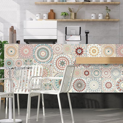 Easy Peel Stick Vinyl DIY wall Tile Decals Stick on backsplash,28pcs | 4,6,8in square tiles in 1 pack,waterproof tiles for kitchen RV laundry backsplash,remove no damage,pink mandala pattern