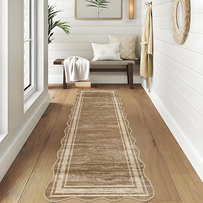 Garvee Entryway Runner Rug 2x6 Washable Bathroom Rugs Scalloped Kitchen Rug | Modern Runner Rug for Entryway Bedroom, Non Slip Low Pile Solid Rugs for Entryway Nursery