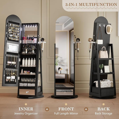 LVSOMT 64" H Arched LED Mirror Jewelry Cabinet Standing, Black | 360° Swivel Full-Length Mirror with Storage, Lockable Jewelry Organizer with Inner Makeup Shelf, Gift for Women