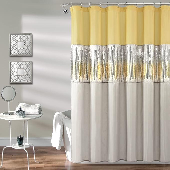 Lush Decor Night Sky Shower Curtain, Single, 72" W x 72" L, Yellow & Gray - Sequin Shower Curtain - Sparkly Color Block Bath Curtain - Modern Glam Bathroom Decor