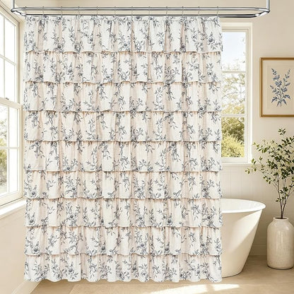 Yinhua Long Farmhouse Ruffle Shower Curtains for Bathroom, 72" Wx78 L | Black Floral Print, Ruflle Design, 12 Metal Hooks, Vintage Rustic Washable Waterproof Shower Curtain for Bathroom Bathtub