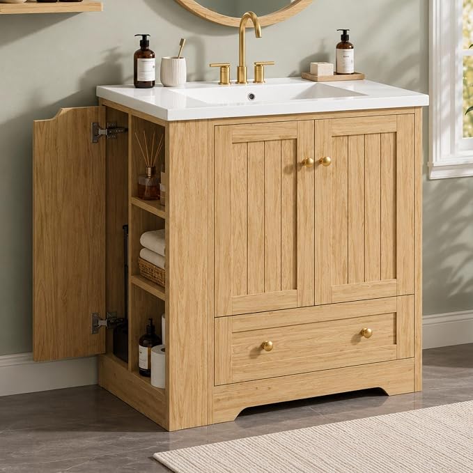 IRONCK Bathroom Vanity with Ceramic Sink, 30" Bathroom Cabinet, Natural | Features a Ceramic Sink, 3 Doors, 1 Drawer and Flexible Side Storage for Organized Bathroom Storage
