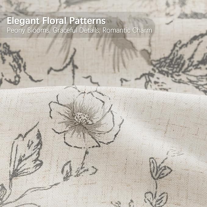 Farmhouse Floral Linen Shower Curtain, Vintage Grey Pattern Rustic Shower Curtains for Bathroom, Tan Taupe,Gray,72x78