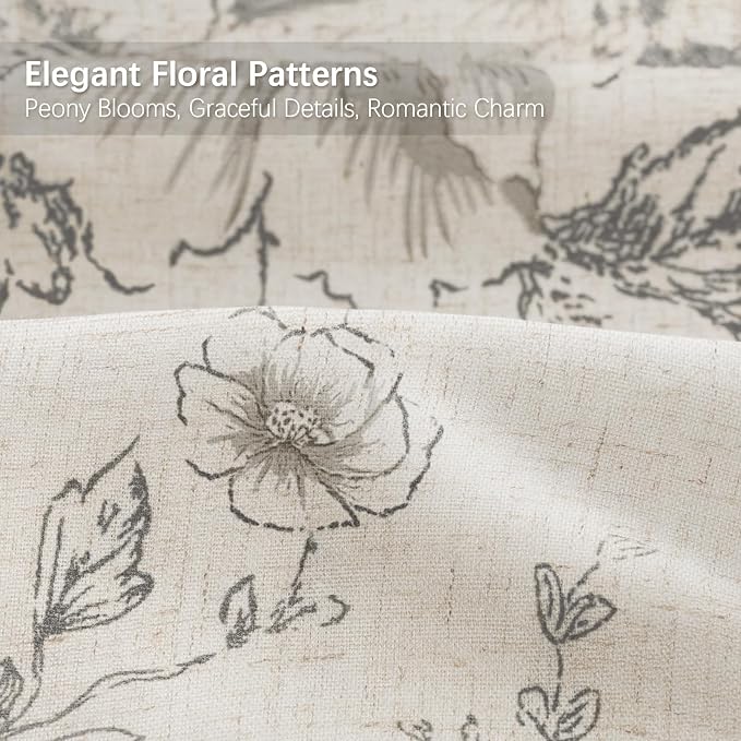 Farmhouse Floral Vintage Shower Curtain for Bathroom, Grey and Tan Taupe | 72" W x 84" L, Elegant Boho Pattern Bath Curtain Linen Fabric
