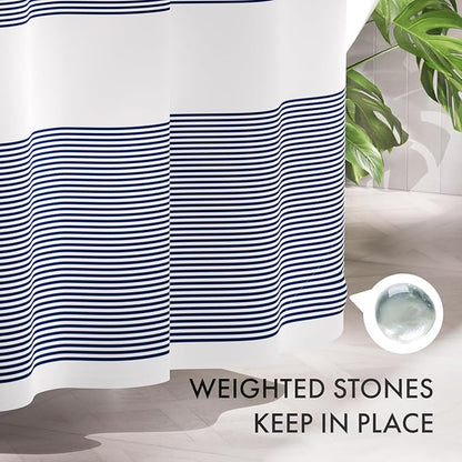 AmazerBath Striped Blue Shower Curtain, Cute Blue Stripe Bathroom Shower Curtain with 12 Shower Curtain Hooks, Rustic Fabric Blue and White, 72x72 Inches