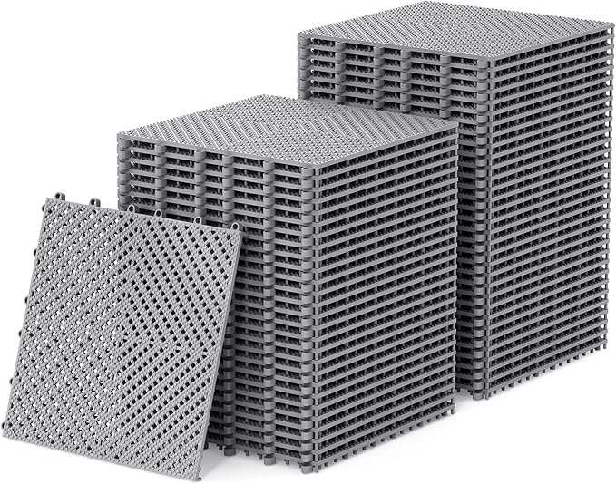 60-Pcs Interlocking Tile, Indoor/Outdoor Drainage Interlocking Floor Tiles 11.8" x 11.8", Anti-Slip Waterproof Soft PVC Splicing Flooring Tile for Garage Patio Pool Bathroom, Grey