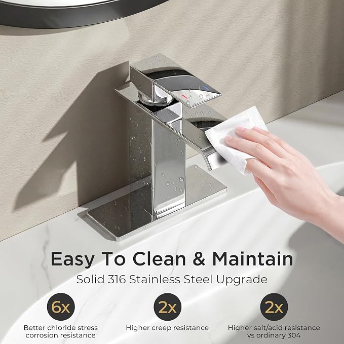 FORIOUS Bathroom Faucet 1 Hole Single Handle Vanity Sink Faucets Chrome | Sqaure Waterfall Spout, 1 or 3 Hole 4 Inch Centerset Sink with Drain and Hoses, for Vanity Rv Commercial Lavatory Restroom