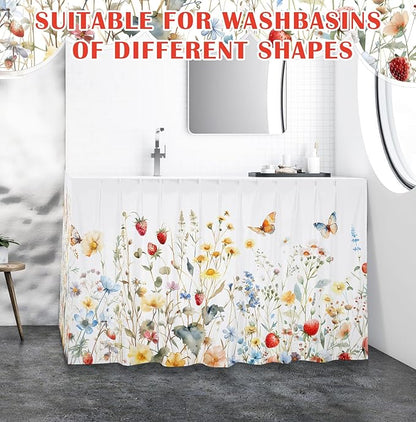 Fabric Sink Skirt Diamond Bathroom Stitch Self Stick Adhesive Waterproof Fabric Under Sink Curtain Skirt 55 x 32 Inch Adds Bathroom Storage (White,Wildflowers Style)