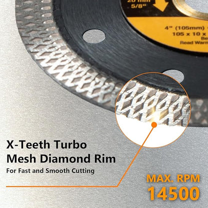 POWERTEC 14032 4 Inch Diamond Saw Blade for Handheld Tile Saw & Angle Grinder – 1pk Super Thin Turbo Mesh Rim Blade for Cutting Porcelain, Granite & Ceramic Tile, w/4pk Large Square Grout Sponge