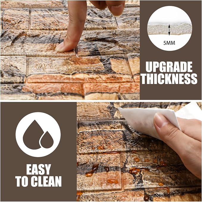 30 Pcs 3D Wall Panels Peel and Stick Wallpaper Foam, Rustic Brown | Faux Brick Stone Tiles, Covering 28.8-48.4 Sq ft, Self Adhesive Waterproof Panels for Bedroom Living Room Kitchen Walls