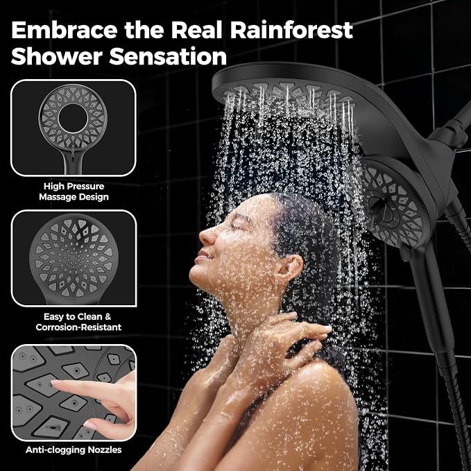High Pressure Rain Shower Head with Handheld Spray Combo | Detachable Dual Shower Head with 10 Sprays Modes - Upgrade Knob Spray Mode Selector and Magnetic Guidance Docking System