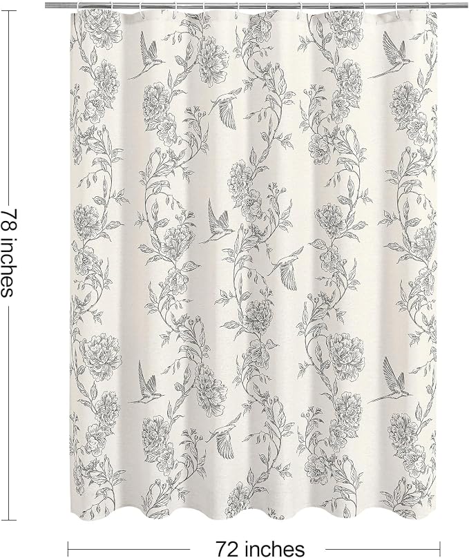 MitoVilla Long Grey Cotton Shower Curtain for Bathroom,72 x 78 | Long BoHo Cottagecore Hummingbird Spring Shower Curtains, Modern Farmhouse Country Floral Bathroom Décor, 72 x 78