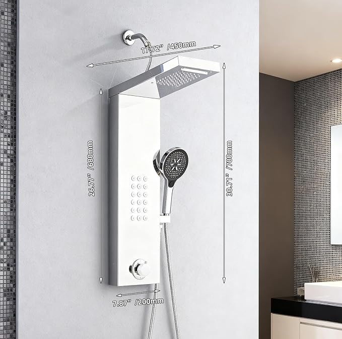 Shower Panel Tower System,Rain Shower Head Rainfall Waterfall Shower,Handheld High Pressure Rain Massage System(Brushed Silver)