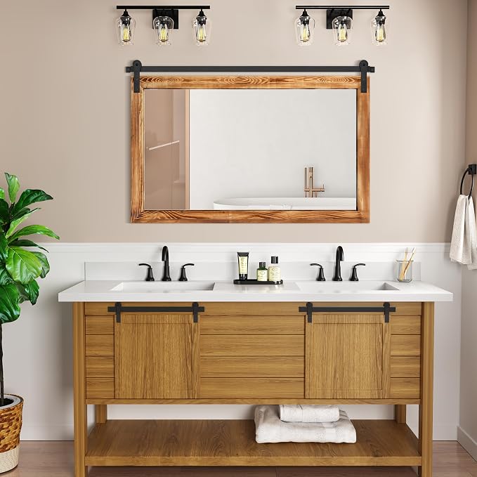 COGOOD Farmhouse Bathroom Mirrors for Over Sink - 30 x 49 Brown | Rustic Barn Door Wood Framed Vanity Mirror for Entryway, Living Room, Bedroom, Dresser Wall Decor