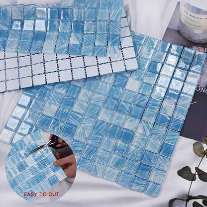 8PC Glass Mosaic Pool Tile, Blue Waterproof Floor & Wall Tiles for Bathroom | Heat & frost resistant for Kitchen Backsplash & outdoors. Mesh-mounted easy install. Easy clean. 8 Sq.ft Blue Crystal