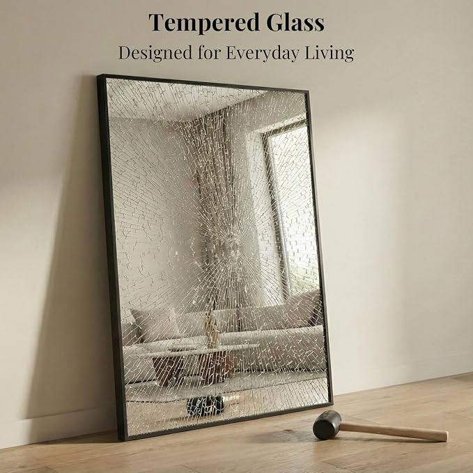 48"x36" Matte Black Large Framed Bathroom Vanity Wall Mirror | Large Vanity Wall Mirror, Slim Metal Frame, Dresser or Sideboard Use, Vertical/Horizontal Mount, Tempered Glass