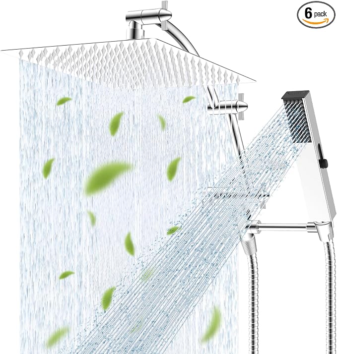 Hibbent All Metal CUPC Certified 12'' Rainfall Shower Head, Dual Shower Head Combo with 4 Handheld Sprays, High Pressure Shower Wand, 16'' Adjustable Extension Arm, 71'' Hose, Shower Holder, Chrome