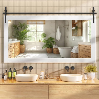 Hasipu Farmhouse Bathroom Mirror, 60"x30" Rustic Wood Framed Wall Mounted Mirror, White Vintage Vanity Mirror Barn Door Style Decrative Mirrors