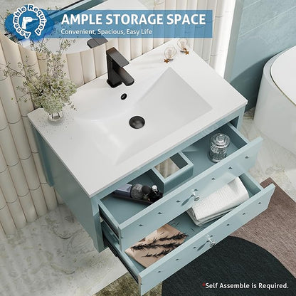 eclife 30" Floating Bathroom Vanity with Sink Combo, Modern Painted Wall-Mounted Vanities Storage Cabinet with Scalloped Decor, Undermount Basin, Faucet, Drain, Blue