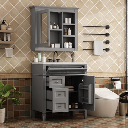 Merax 30 Inch Bathroom Vanity with Sink Set, Modern Bathroom Vanity Storage Cabinet with Matching Mirror Medicine Cabinet, Solid Wood Frame，Painted Finish, 2 Drawers and 1 Tip-Out Drawer, Grey