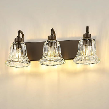 zeyu 22 Inch Bronze Vanity Lights, Farmhouse Wall Sconce Lighting, 3 Light Bathroom Mirror Wall Light, Oil Rubbed Bronze Finish with Clear Striped Glass, ZJX117B-3W ORB
