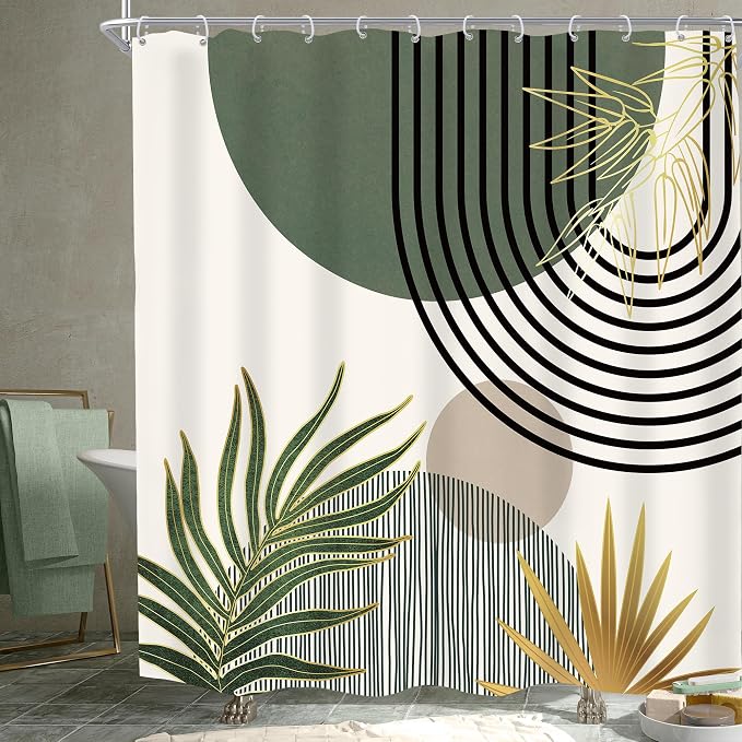 Mid Century Dark Green Boho Abstract Modern Bathroom Shower Curtain Set | 72Wx72L S Gold design, waterproof HD print with fast-drying fabric and 12 hooks.