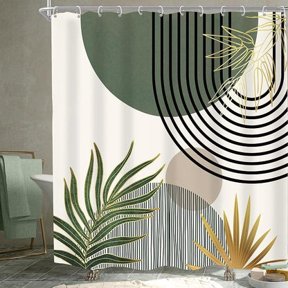 Mid Century Dark Green Boho Abstract Modern Bathroom Shower Curtain Set | 72Wx72L S Gold design, waterproof HD print with fast-drying fabric and 12 hooks.