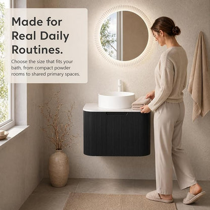 24 Inch Bathroom Vanity with Sink, Floating Wall Mounted Single Sink Vanity for Small Baths, Black Curved Fluted Front, Stone Top, Pure White Round Vessel Basin, Pre-Assembled